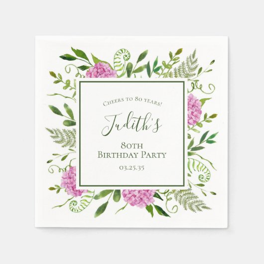 Serviette En Papier Hydrangeas roses pour 80e anniversaire (Devant)