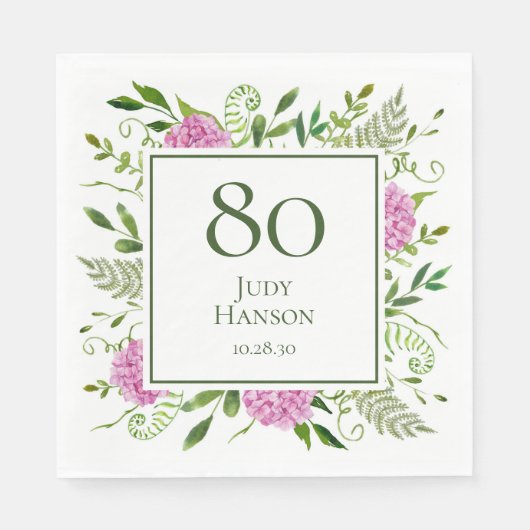 Serviette En Papier Hydrangeas roses pour 80e anniversaire (Devant)