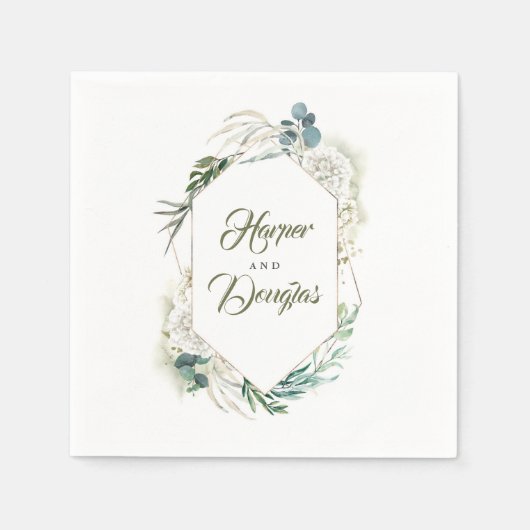 Serviette En Papier Hydrangée blanche géométrique et Mariage vert (Devant)