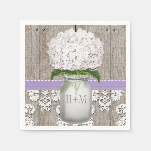 Serviette En Papier Hydrangée blanche violette monogramme Mason Jar (Devant)
