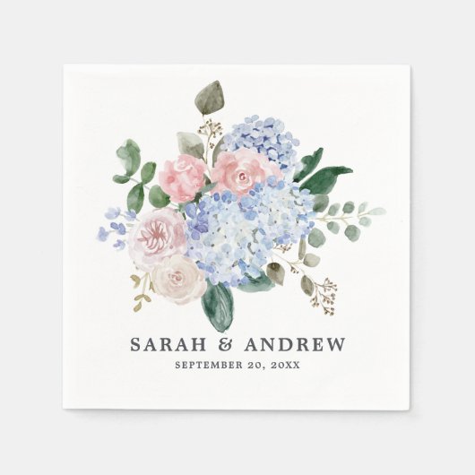 Serviette En Papier Hydrangées bleu pâle rose pastel mariage (Devant)