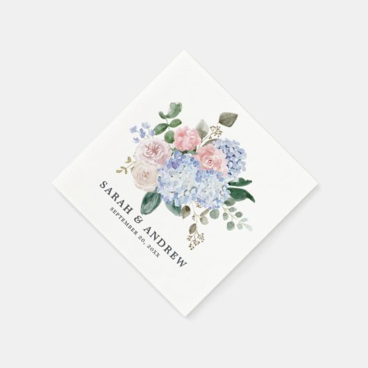 Serviette En Papier Hydrangées bleu pâle rose pastel mariage (Coin)