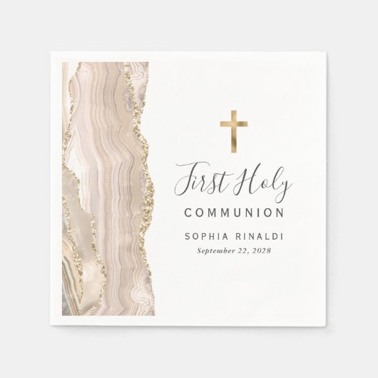 Serviette En Papier Iivoire Or Agate Première Communion sainte (Devant)