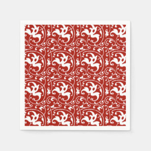 Serviette En Papier Ikat Floral Damask - Rouge foncé et blanc