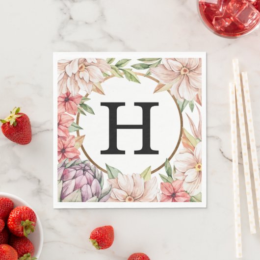 Serviette En Papier Ile tropicale Pastel Floral Mariage Monogramme (En situation)