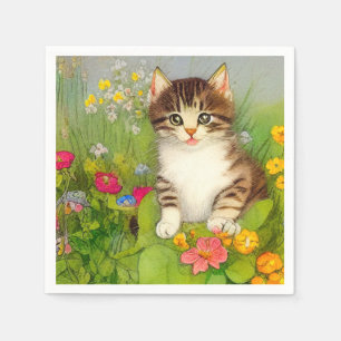 Serviette En Papier Illustration de chat souriant vintage