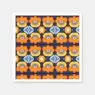 Serviette En Papier Illustration florale rétro audacieuse en orange et