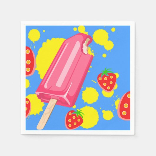 Serviette En Papier Illustration Fun Pink Popsicle and Strawberries (Devant)