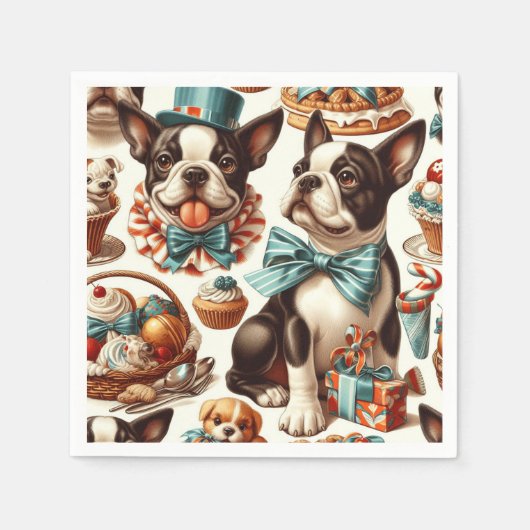 Serviette En Papier Illustration Retro Cute Boston Terrier (Devant)