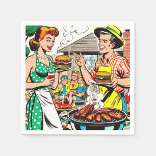 Serviette En Papier Illustration Retro Family Barbecue Comics