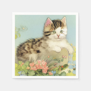 Serviette En Papier Illustration vintage de chat avec fleurs roses