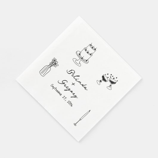 Serviette En Papier Illustrations noir dessinées à la main Mariage (Coin)