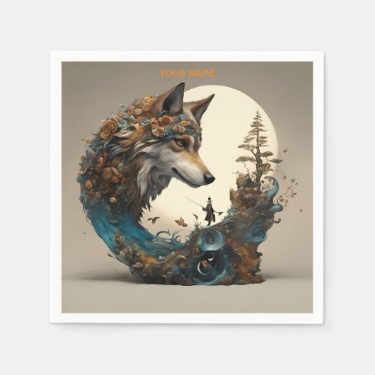 Serviette En Papier Imaginaire Fleurs Vivides mignonnes Assistant Wolf (Devant)