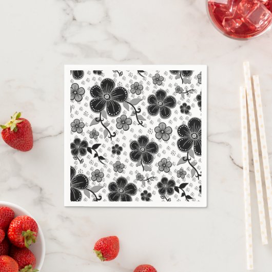 Serviette En Papier Impression florale noir et blanc (En situation)