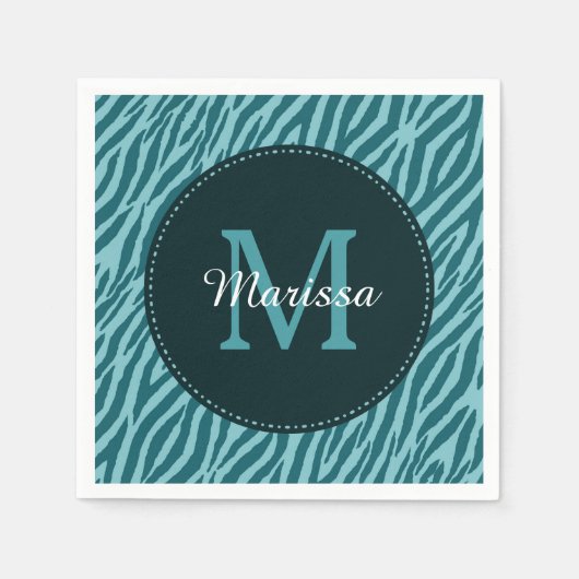 Serviette En Papier Impression Zèbre Turquoise avec Monogramme et nom (Devant)