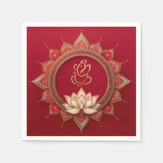 Serviette En Papier Indien Ganesh Rouge traditionnel Lotus Mariage (Devant)