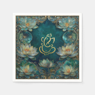 Serviette En Papier Indien Ganesh Vert or traditionnel Lotus Mariage