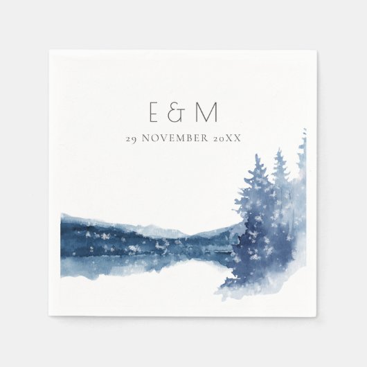 SERVIETTE EN PAPIER INDIGO INK BLUE MOUNTAIN LAKE MARIAGE MONOGRAMME (Devant)