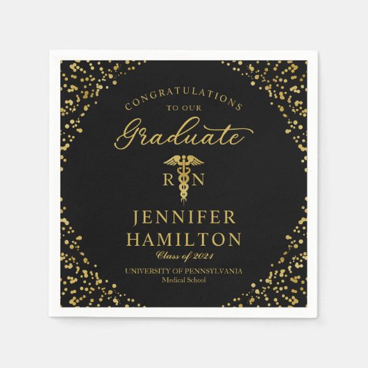 Serviette En Papier Infirmière Docteur Graduation Élégante Or Noir (Devant)