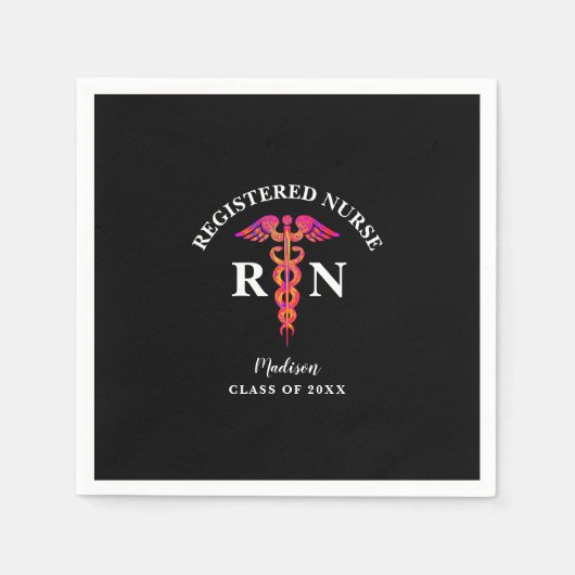 Serviette En Papier Infirmière inscrite Diplôme Pink Black Caduceus (Devant)