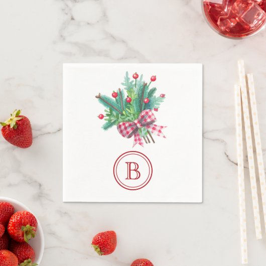 Serviette En Papier Initial, Red & Green Christmas Bouquet Party Paper (En situation)