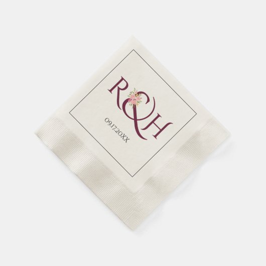 Serviette En Papier Initiales bourguignonnes, ampersand, mariage roses (Coin)
