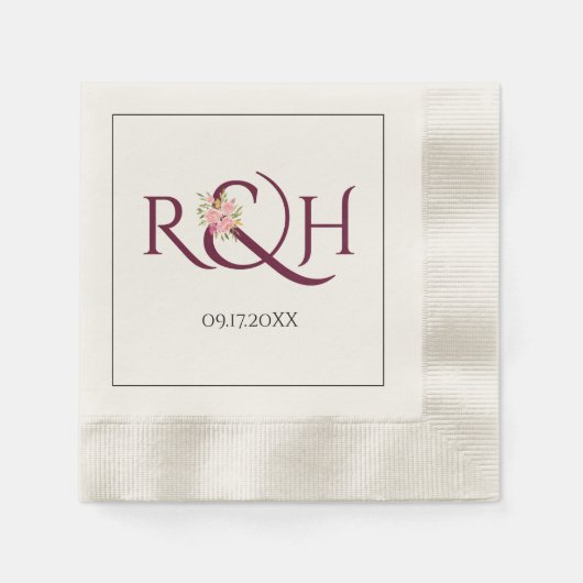 Serviette En Papier Initiales bourguignonnes, ampersand, mariage roses (Devant)
