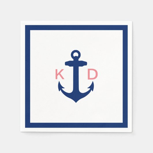 Serviette En Papier Initiales d'Ancre nautique Mariage frontière simpl (Devant)