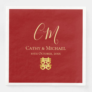 Serviette En Papier Initiales de couple mariage chinois moderne rouge