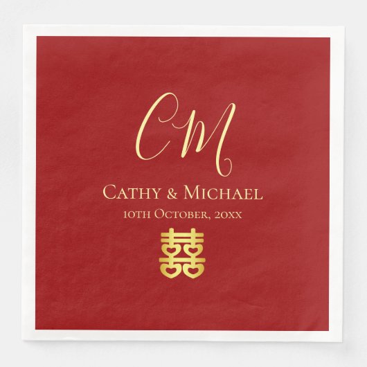 Serviette En Papier Initiales de couple mariage chinois moderne rouge (Devant)