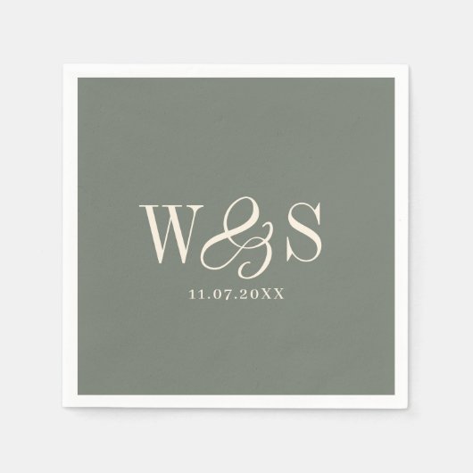Serviette En Papier Initiales de couples mariés Elegant Sage (Devant)