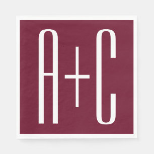 Serviette En Papier Initiales de couples simples   Blanc et bordeaux