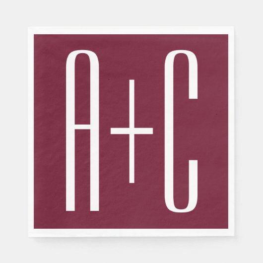 Serviette En Papier Initiales de couples simples | Blanc et bordeaux (Devant)