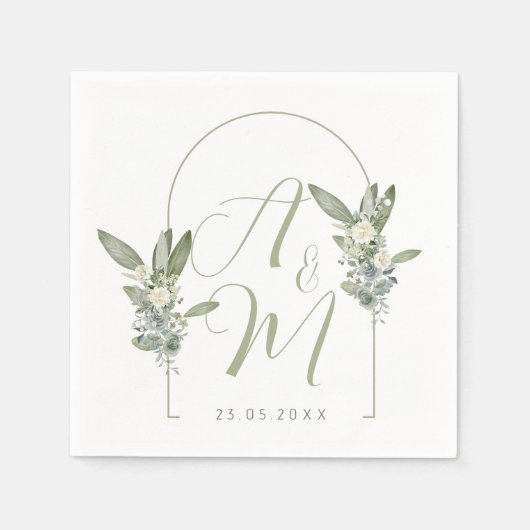 Serviette En Papier Initiales de monogramme de mariage vert sauge Date (Devant)