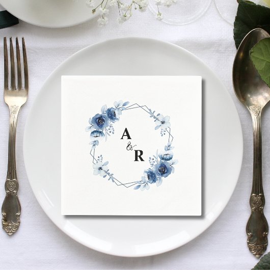 Serviette En Papier Initiales de monogramme esperluette florale bleue