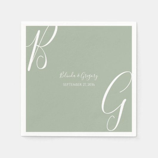 Serviette En Papier Initiales de monogramme vert sauge pour mariage (Devant)