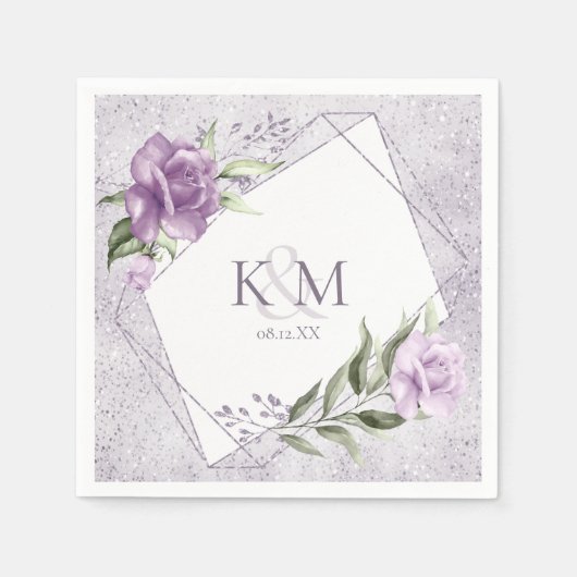 Serviette En Papier Initiales du Mariage Floral Sparkles Mauve ID889 (Devant)