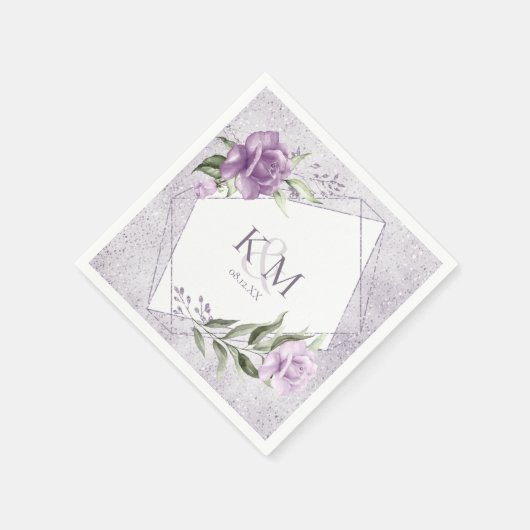 Serviette En Papier Initiales du Mariage Floral Sparkles Mauve ID889 (Coin)