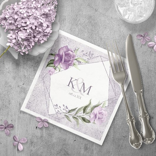 Serviette En Papier Initiales du Mariage Floral Sparkles Mauve ID889