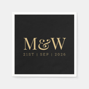 Serviette En Papier Initiales du Monogramme d'or noir Mariage moderne