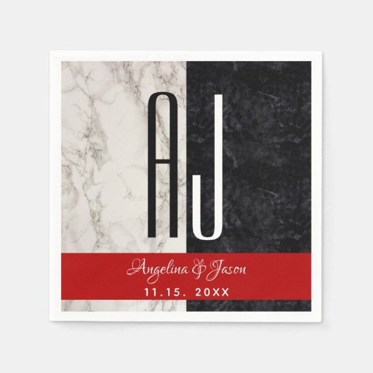Serviette En Papier Initiales en marbre noir blanc et rouge Mariage mo (Devant)