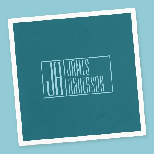 Serviette En Papier Initiales et nom modernes | Turquoise foncé et ble