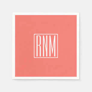Serviette En Papier Initiales Monogramme Blanc Sur Corail