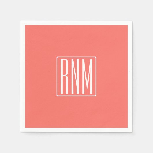 Serviette En Papier Initiales Monogramme | Blanc Sur Corail (Devant)