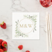 Serviette En Papier Initiales Monogramme Or Vert feuillage aquarelle (En situation)