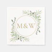 Serviette En Papier Initiales Monogramme Or Vert feuillage aquarelle (Devant)