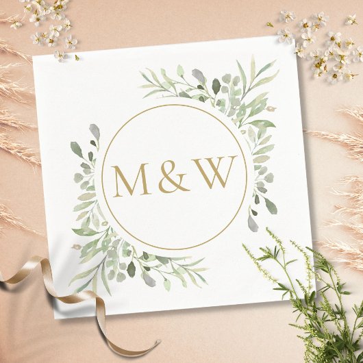 Serviette En Papier Initiales Monogramme Or Vert feuillage aquarelle