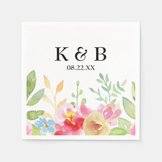 Serviette En Papier Initiales Monogrammes avec date et aquarelle (Devant)