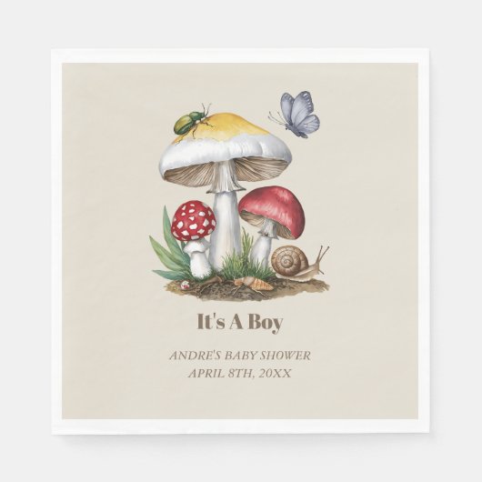 Serviette En Papier Insectes Champignons Bois Baby shower naturel (Devant)
