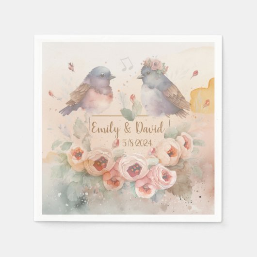 Serviette En Papier Inséparables aquarelle avec roses pour mariage (Devant)